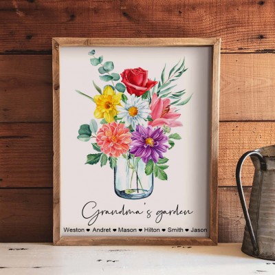 Personalized Family Birth Month Flower Bouquet Art Print with Kids Names Gift Ideas for Mom Grandma