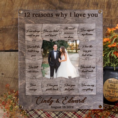Personalized Photo Wooden Puzzle Frame with 12 Reasons Why I Love You Anniversary Gifts for Husband Valentine's Day Gifts