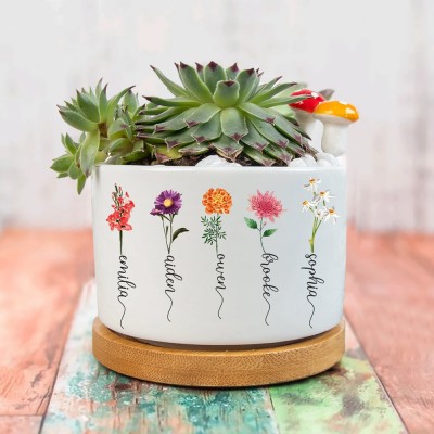 Custom Outdoor Birth Month Flower Plant Pot with Kids Name Mother's Day Gift