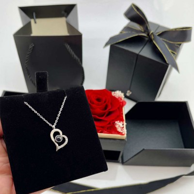 Heart Love Necklace With Preserved XL Red Rose Jewelry Box Valentine's Day Gift