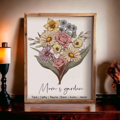 Custom Family Birth Flower Bouquet Wooden Frame With Names Mother's Day Gift Ideas Keepsake Gift For Nana Mom
