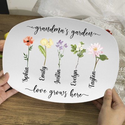 Personalized Grandma's Garden Birth Month Flowers Platter with Grandkids Names Gift for Grandma New Mom Gift 