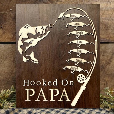 Hooked on Papa Wood Sign Personalized Fishing Trip Gift for Dad Grandpa Father's Day Gifts 