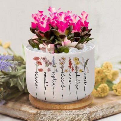 Custom Birth Flower Pot Succulent Pot with Engraved Names Unique Gift for Mom Grandma Mother's Day Gift Ideas