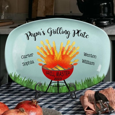 Custom Daddy's Grilling Handprint Plate Engraved with Kids Name Father's Day Gifts