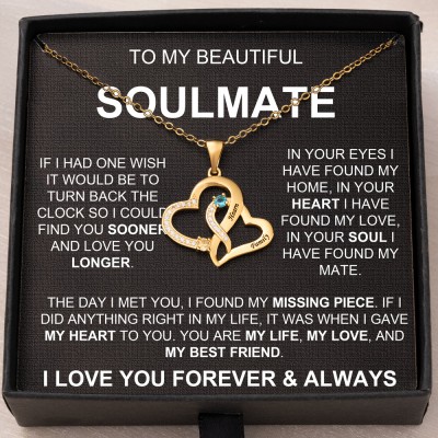 To My Soulmate Personalized Double Heart Necklace With 2 Names & Birthstones Gifts for Anniversary Valentine's Day