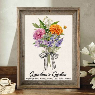Custom Mimi's Garden Frame With Birth Flower Bouquet And Kids Names Gift For Mom Grandma Mother's Day Gift