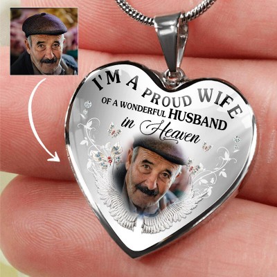 I'm A Proud Wife Of A Wonderful Husband In Heaven Personalized Heart Shape Memorial Photo Necklace 
