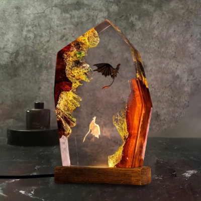 Handmade Dragon Couple Resin Wood Lamp Birthday Gift for Him Gifts for Couple Christmas Gift