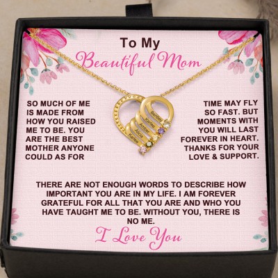Personalized To My Beautiful Mom Heart Shaped Birthstone Necklace with Engraved Names Gifts for Mom from Daughter Mother's Day Gifts