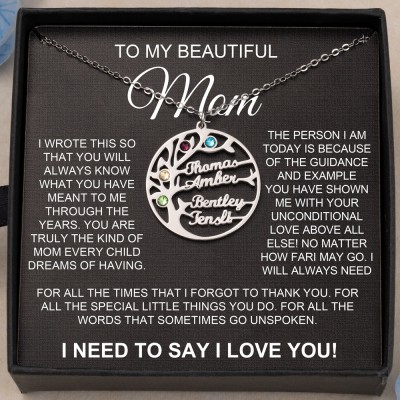 To My Beautiful Mom Family Tree Name Necklace with Birthstone Design Personalized Gift Ideas for Mom