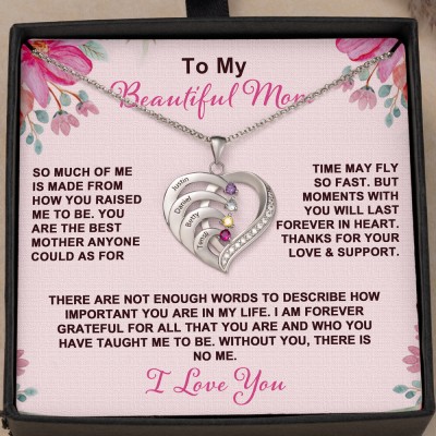 To My Beautiful Mom Heart Pendant Birthstone Necklace with Kids Names Gift Ideas for Mom Birthday Gift for Her