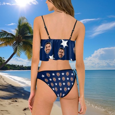 Personalized American Flag Ruffle Bikini Women's Custom Two-Piece Swimsuit for Summer Beach Party Gift