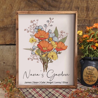 Personalized Grandma's Garden Birth Flower Bouquet Wooden Frame With Grandkids Names Gift Ideas For Mom Grandma Mother's Day Gift