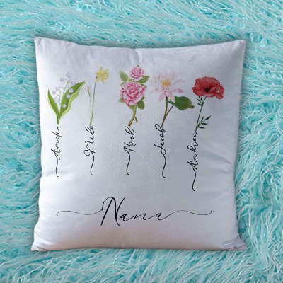 Personalized Birth Month Flower Nana Pillow with Kids Names Mother's Day Gift
