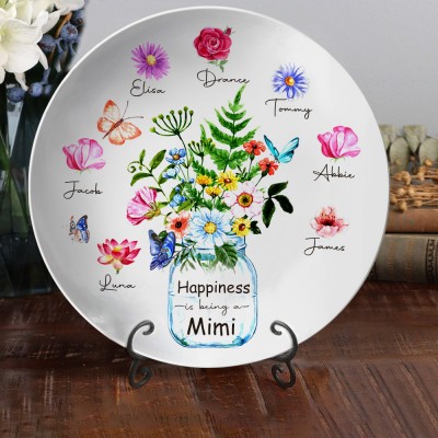 Personalized Happiness Is Being A Nana Birth Month Flower Platter with Kids Names Love Gift Ideas for Grandma Mom