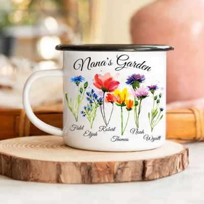 Personalized Grandma's Garden Coffee Mug with Grandkids Names Birth Flower Camp Mug Gifts for Mom Grandma Christmas Gifts