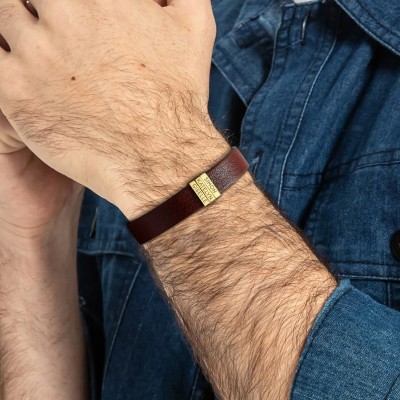Personalized Engraved Leather Beads Men Bracelet with Kids Name Father's Day Gift