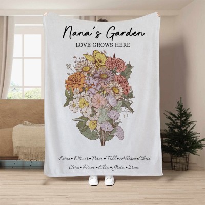 Personalized Grandma's Garden Birth Flower Bouquet Blanket Family Gifts For Mom Grandma Mother's Day Gift