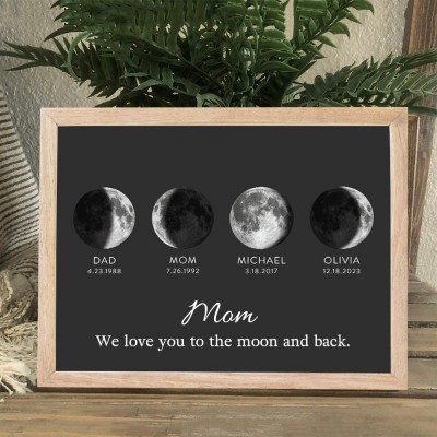 Mom We Love You To The Moon And Back Moon Phase Frame with Kids Names Personalized Gifts for Mom Mother's Day Gift