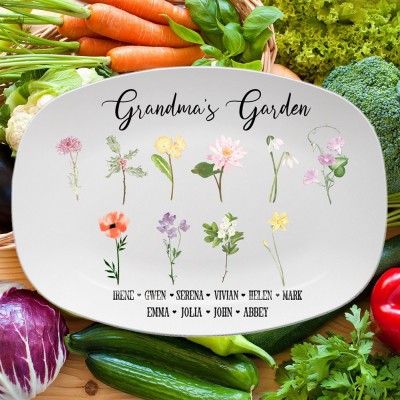 Personalized Grandma's Garden Birth Month Flower Platter with Grandchildren's Names Gift for Grandma, Mom