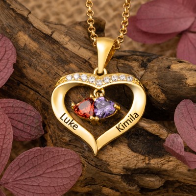 Personalized Couple Names Heart Necklace With Birthstone Designs for Soulmate Anniversary Gifts for Wife Valentine's Day Gifts 