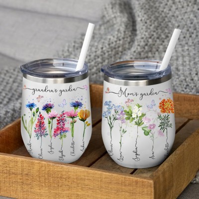 Custom Mama's Garden Birth Month Flower Wine Tumbler with Kids Names Gifts for Mom Grandma Mother's day Gift Ideas