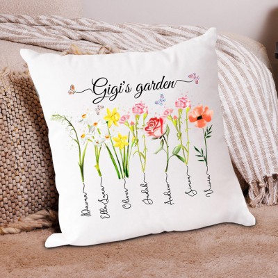 Custom Grandma's Garden Birth Month Flower Pillow Engraved with Names Love Gift Ideas for Grandma Mom