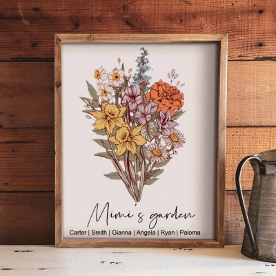 Personalized Grandma's Garden Birth Flower Bouquet Art Print Frame Gifts for Mom Grandma Christmas Gifts