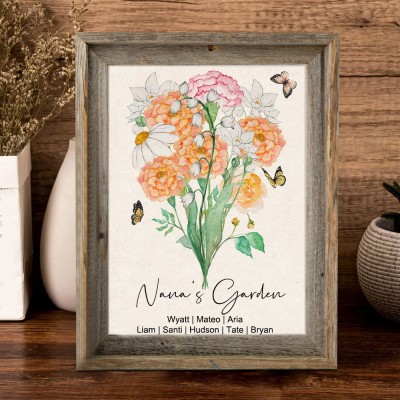 Custom Family Garden Wooden Frame With Birth Flower Bouquet Keepsake Gift for Grandma Mom Mother's Day Gift Ideas