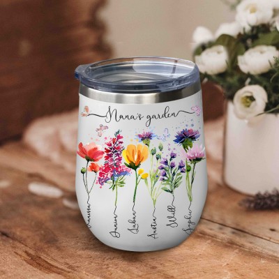 Personalized Mom's Garden Birth Flower Wine Tumbler Unique Gift Ideas for Mom Grandma Mother's day Gifts