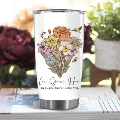 Personalized Grandma's Garden Birth Flower Bouquet Tumbler With Grandkids Names Gift For Grandma Mom Mother's Day Gift