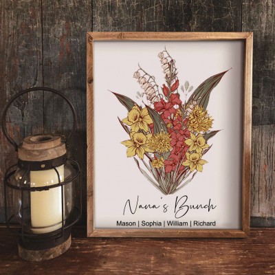 Mom's Garden Birth Flower Bouquet Print Frame Gifts for Mom Grandma Christmas Gift Ideas