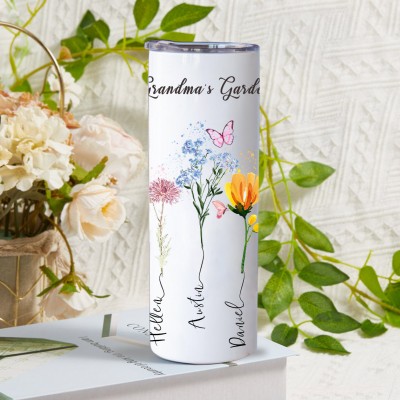 Custom Mom's Garden Birth Flower Tumbler with Kids Names Unique Gifts for Mom Christmas Gifts for Grandma 