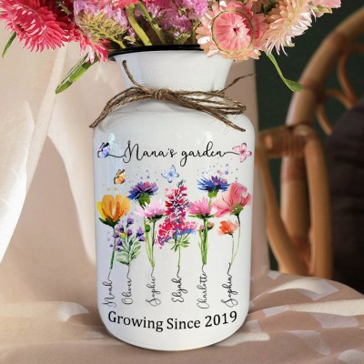 Personalized Mimi's Garden Birth Flower Vase with Kids Names Mother's Day Gift Ideas