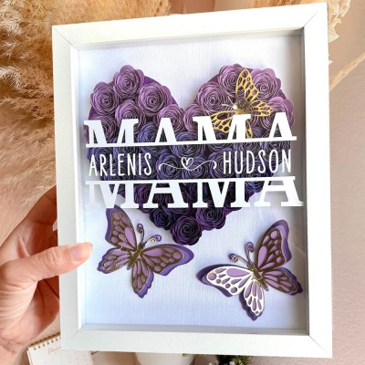 Personalized Mom Heart Shaped Monogram Flower Shadow Box with Kids Names Butterfly Shadow Box Love Gift Ideas for Mom Grandma