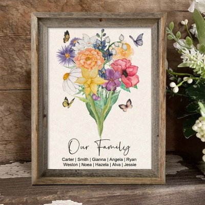 Personalized Mom's Garden Watercolor Birth Flower Bouquet Frame Family Gift Ideas for Grandma Mom Mother's Day Gift