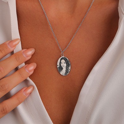 Personalize Engraved Oval Shadow Carving Photo Necklace