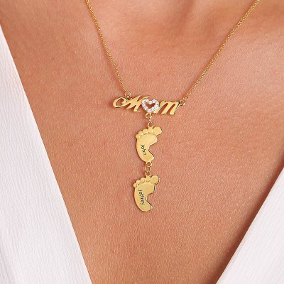 Personalized Gold Plating Mom Necklace With Baby Feet 1-10 Pendants