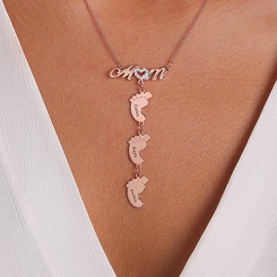 Personalized Rose Gold Plating Mom Necklace With Baby Feet 1-10 Pendants