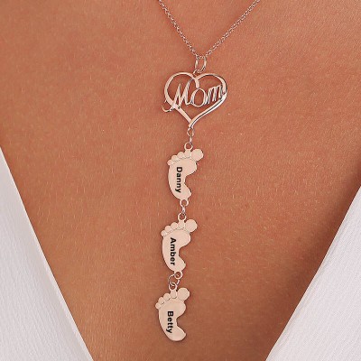 18K Rose Gold Plating Personalized Mom Necklace With Baby Feet 1-10 Pendants