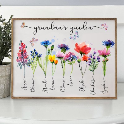 Personalized Grandma's Garden Birth Month Flower Print Frame with Kids Name Gift for Grandma Mom