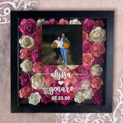 Personalized Couple Photo Flower Shadow Box for Her Valentine's Day Wedding Gift