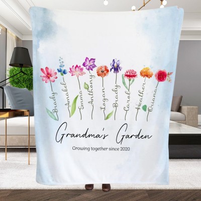 Personalized Grandma's Garden Blanket with Family Month Flower Art Print Gift for Grandma Mom
