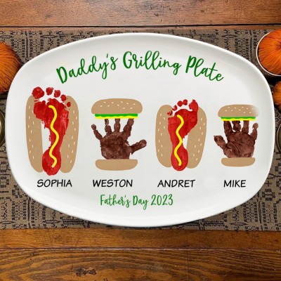 Custom Burger Hot Dog Handprint Footprint Plate with Kids Name Father's Day Gift Ideas