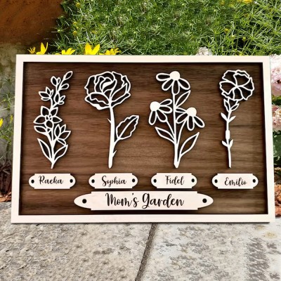 Custom Mom's Birth Month Flower Garden Frame With Grandkids Names Wood Home Decor For Christmas Gifts Unique Gifts for Mom Grandma