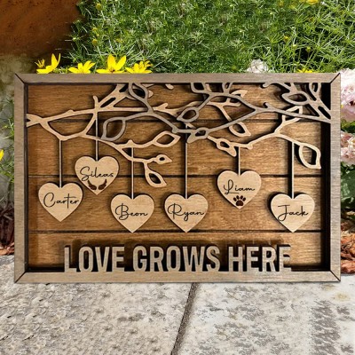 Personalized Love Grows Here Wood Family Tree Sign with Kids Names Family Home Decor Gift Ideas for Grandma Mom