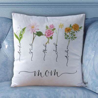 Personalized Birth Month Flower Mom Pillow with Kids Names Mother's Day Gift