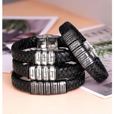 Personalized Mens Beads Braid Leather Bracelet With 1-10 Beads