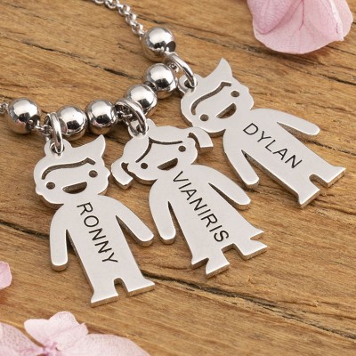 Silver Personalized 1-15 Children Charms Necklace Engraved Mother's Necklace